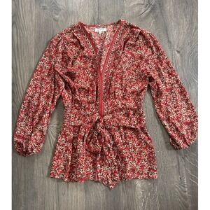 Max Studio Floral V-Neck Tie Waist Blouse Top Shirt S Red 3/4 Sleeve NWOT